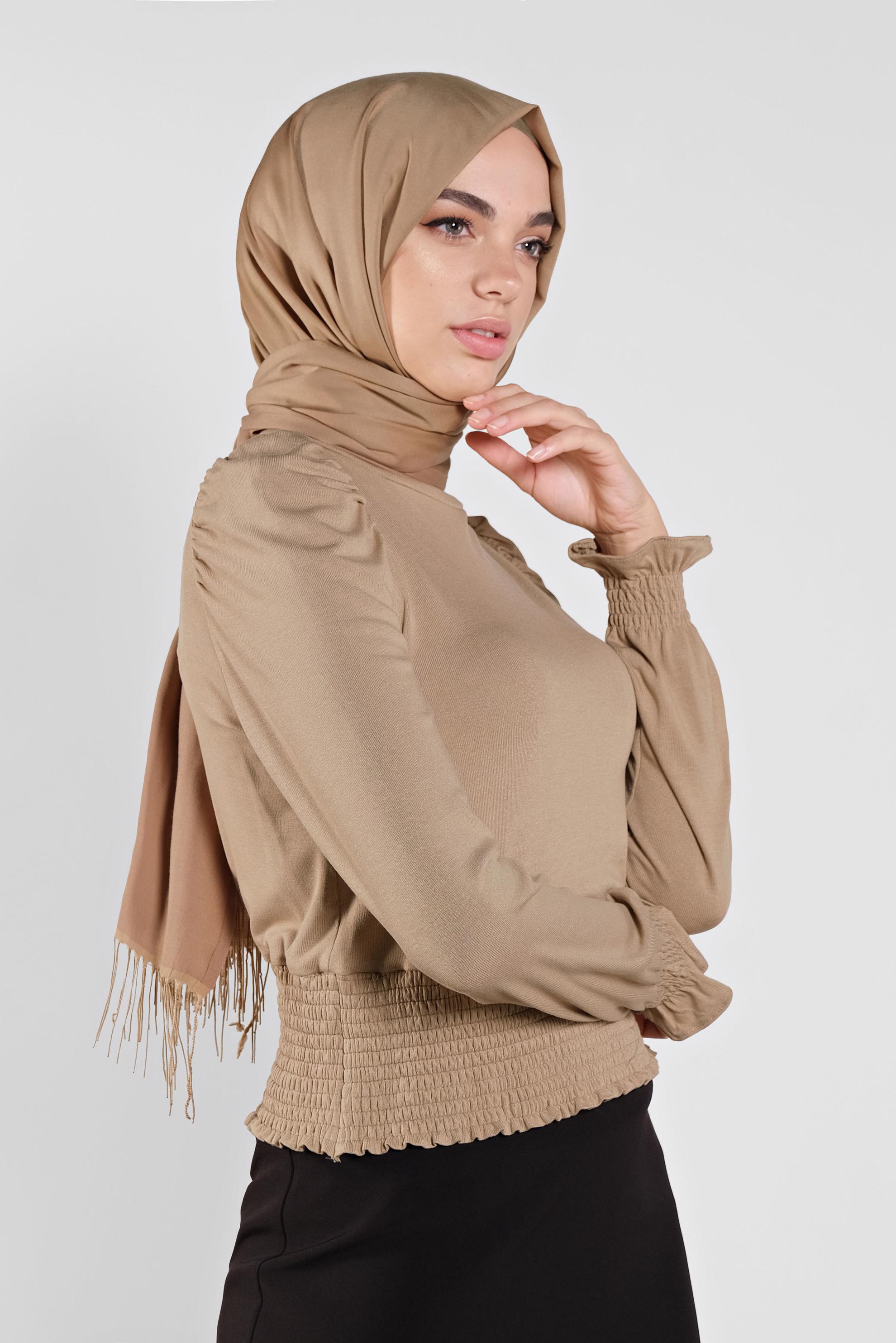Tesettür giyim KAHVE BEL KISMI LASTİKLİ BLUZ 41209