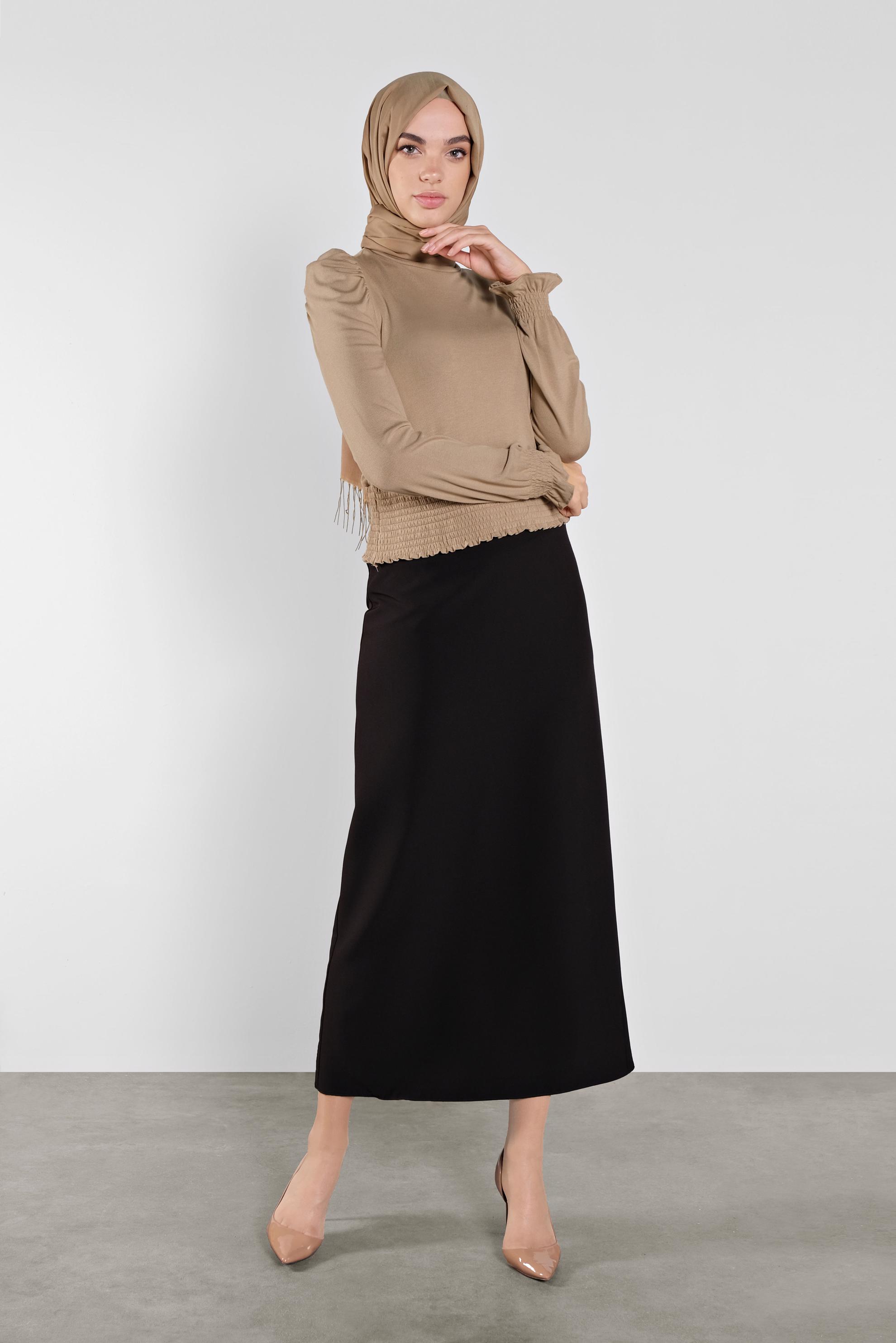 Tesettür giyim KAHVE BEL KISMI LASTİKLİ BLUZ 41209
