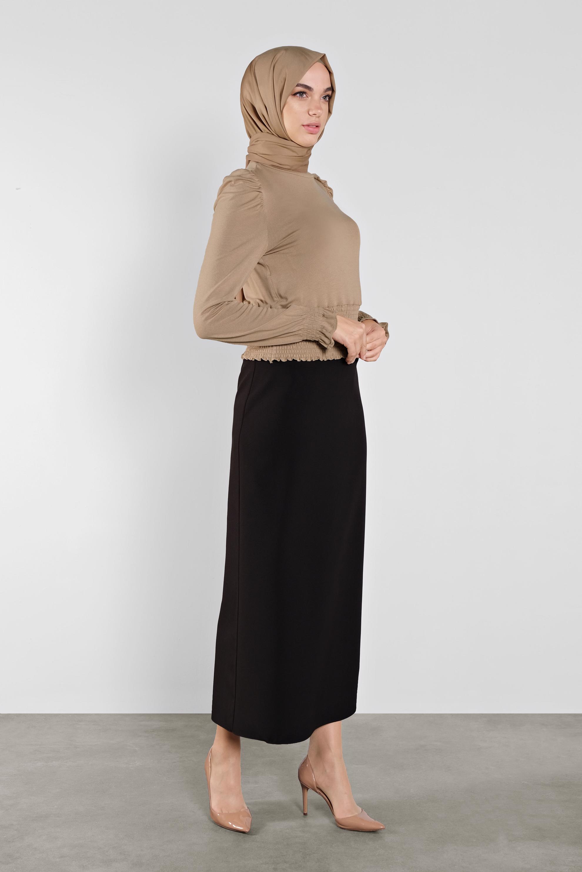 Tesettür giyim KAHVE BEL KISMI LASTİKLİ BLUZ 41209