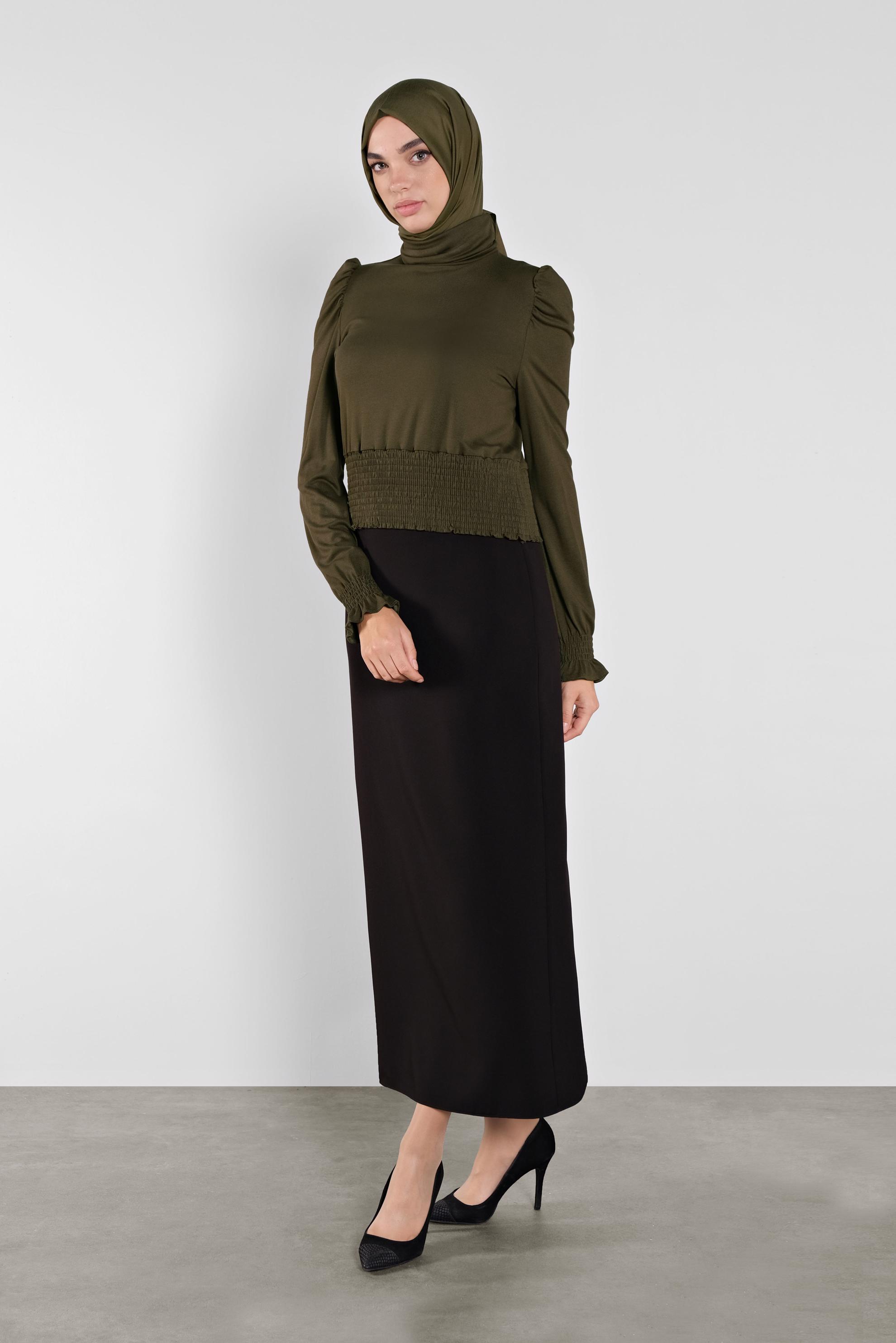 Tesettür giyim HAKİ BEL KISMI LASTİKLİ BLUZ 41209
