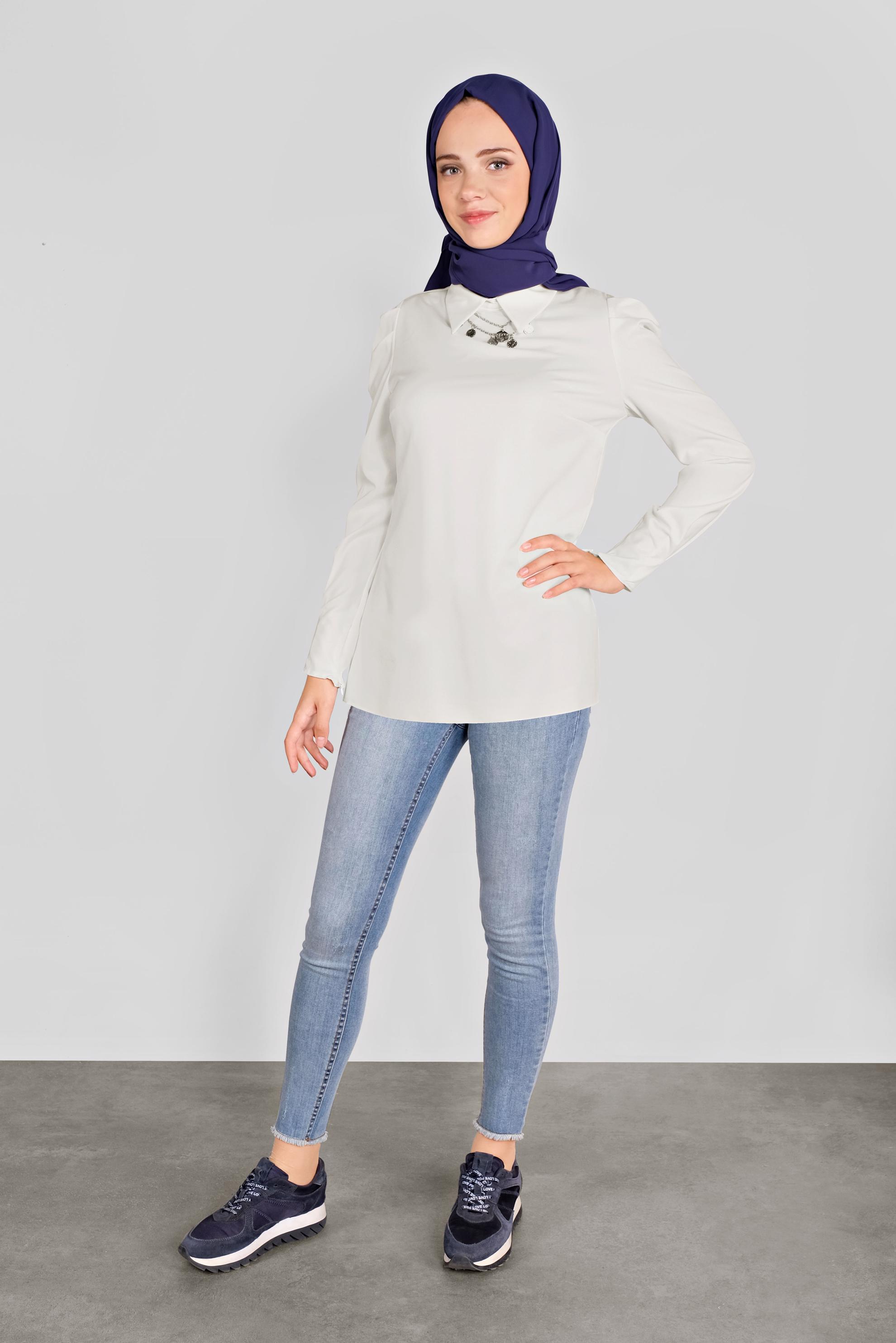 Tesettür giyim BEYAZ GİGOT KOL GÖMLEK YAKA BLUZ 41222 