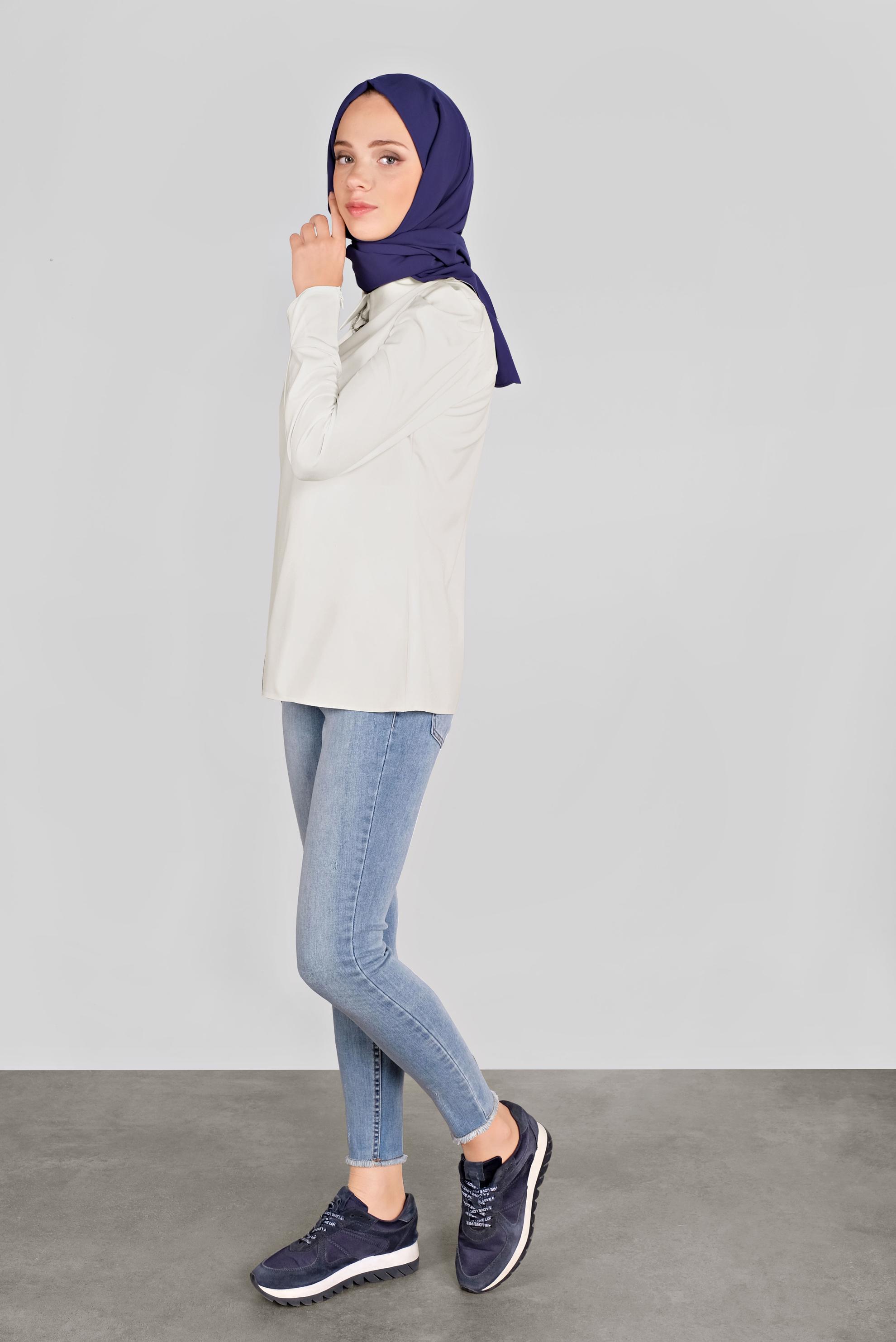 Tesettür giyim BEYAZ GİGOT KOL GÖMLEK YAKA BLUZ 41222 