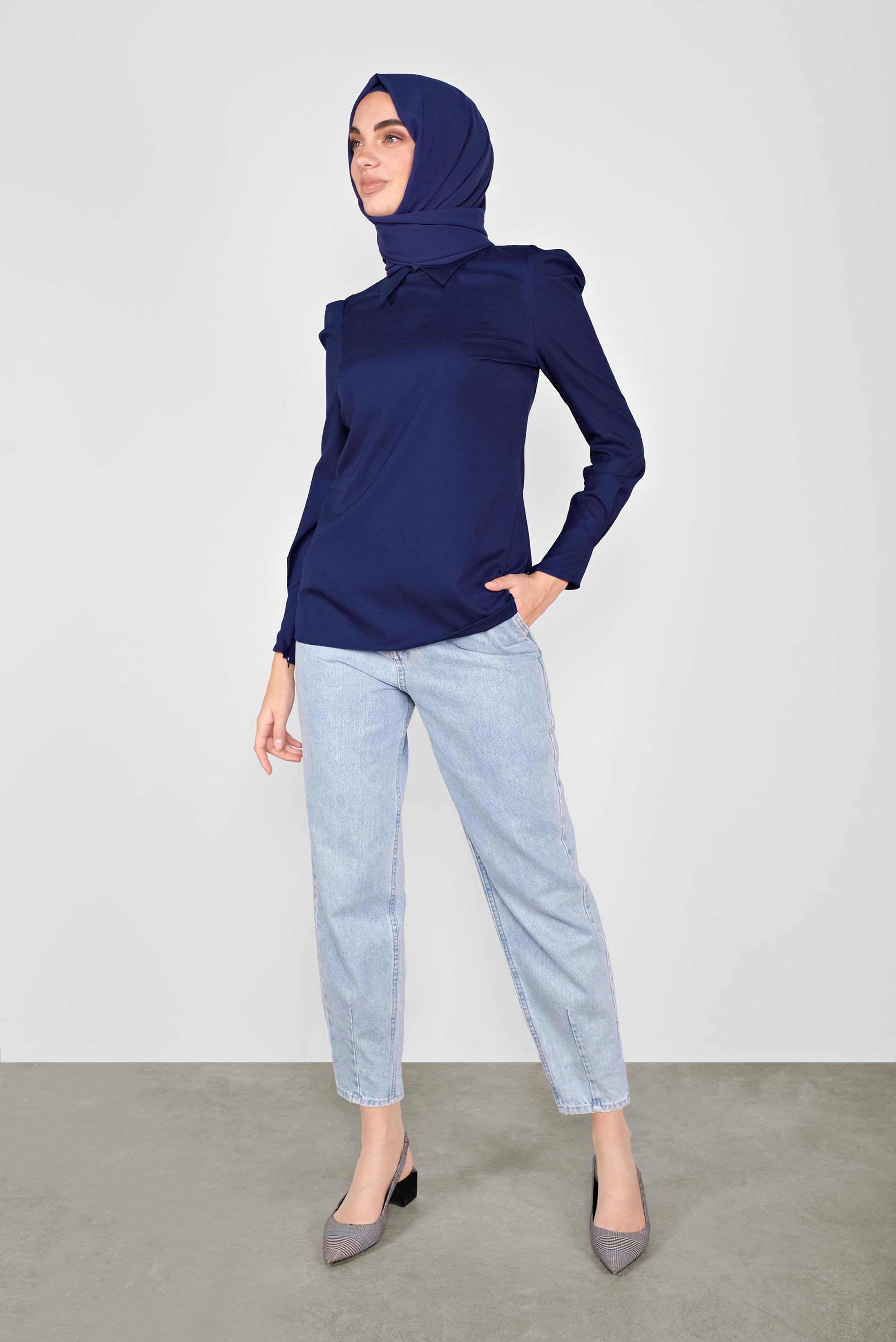 Tesettür giyim LACİVERT GİGOT KOL GÖMLEK YAKA BLUZ 41222 