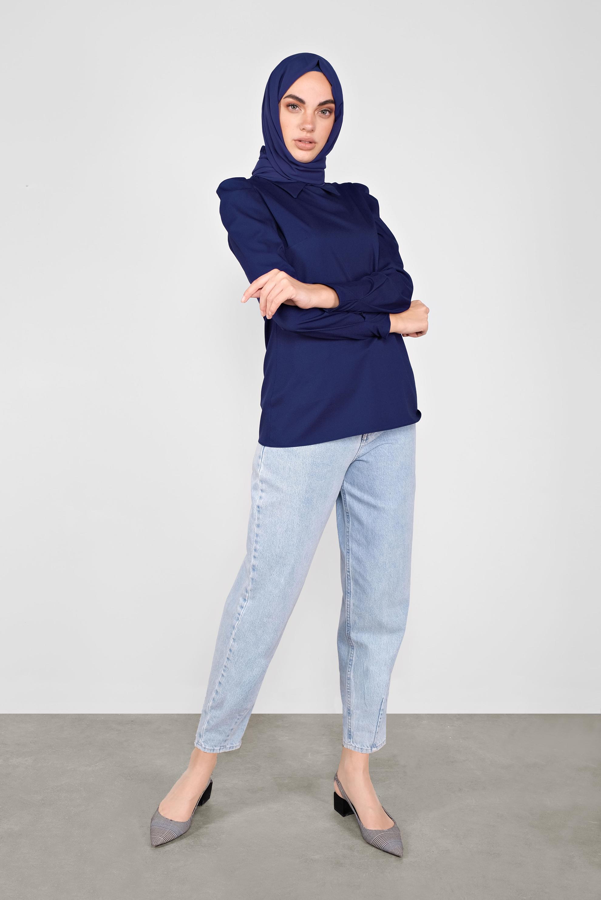 Tesettür giyim LACİVERT GİGOT KOL GÖMLEK YAKA BLUZ 41222 