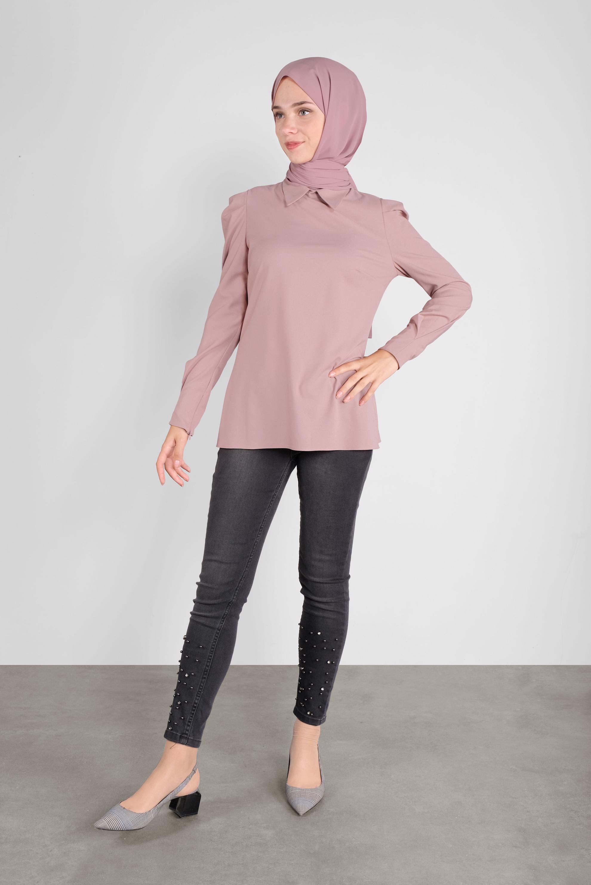 Tesettür giyim PUDRA GİGOT KOL GÖMLEK YAKA BLUZ 41222 