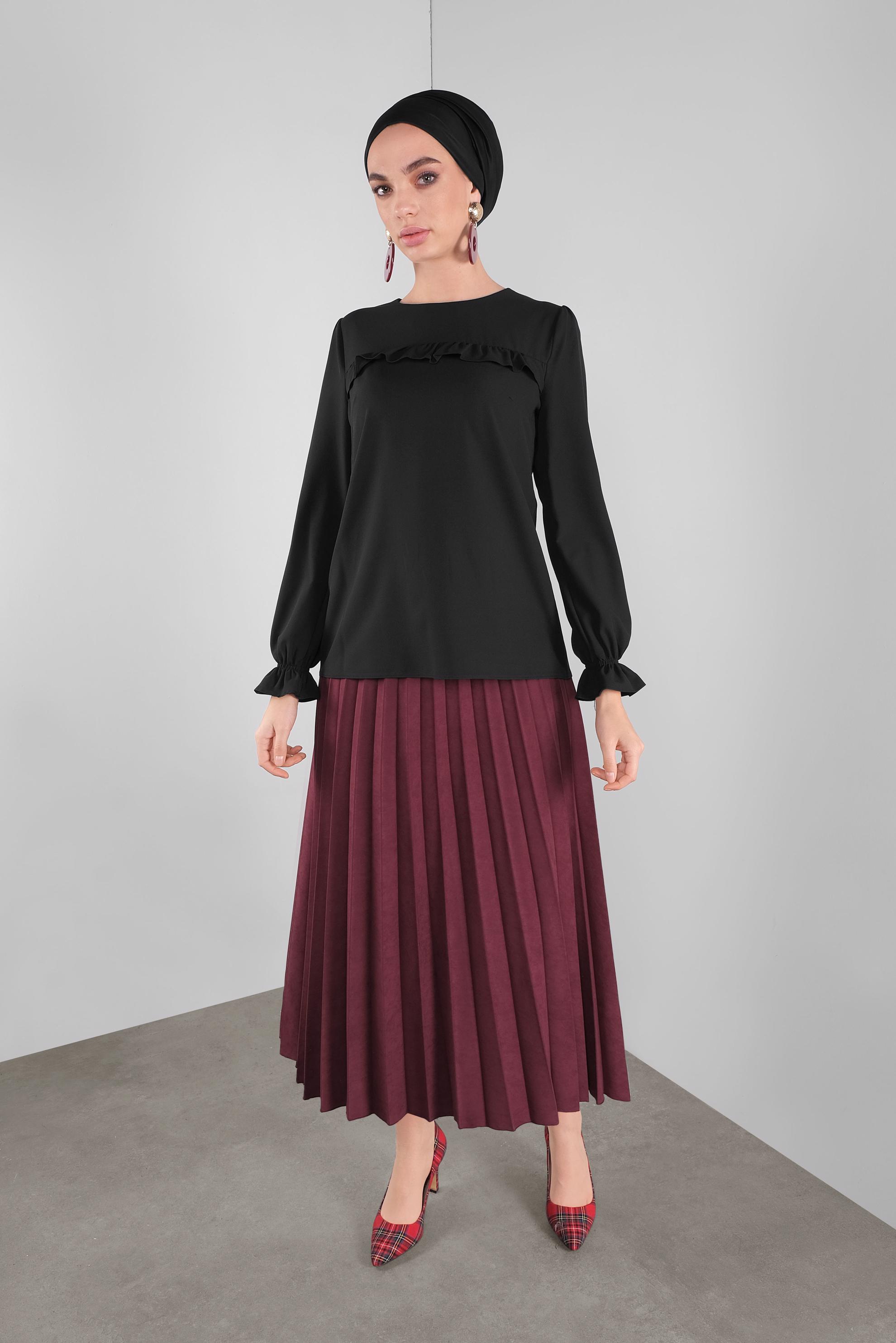 Tesettür giyim SİYAH MANŞETLERİ LASTİKLİ FIRFIRLI BLUZ 41242 