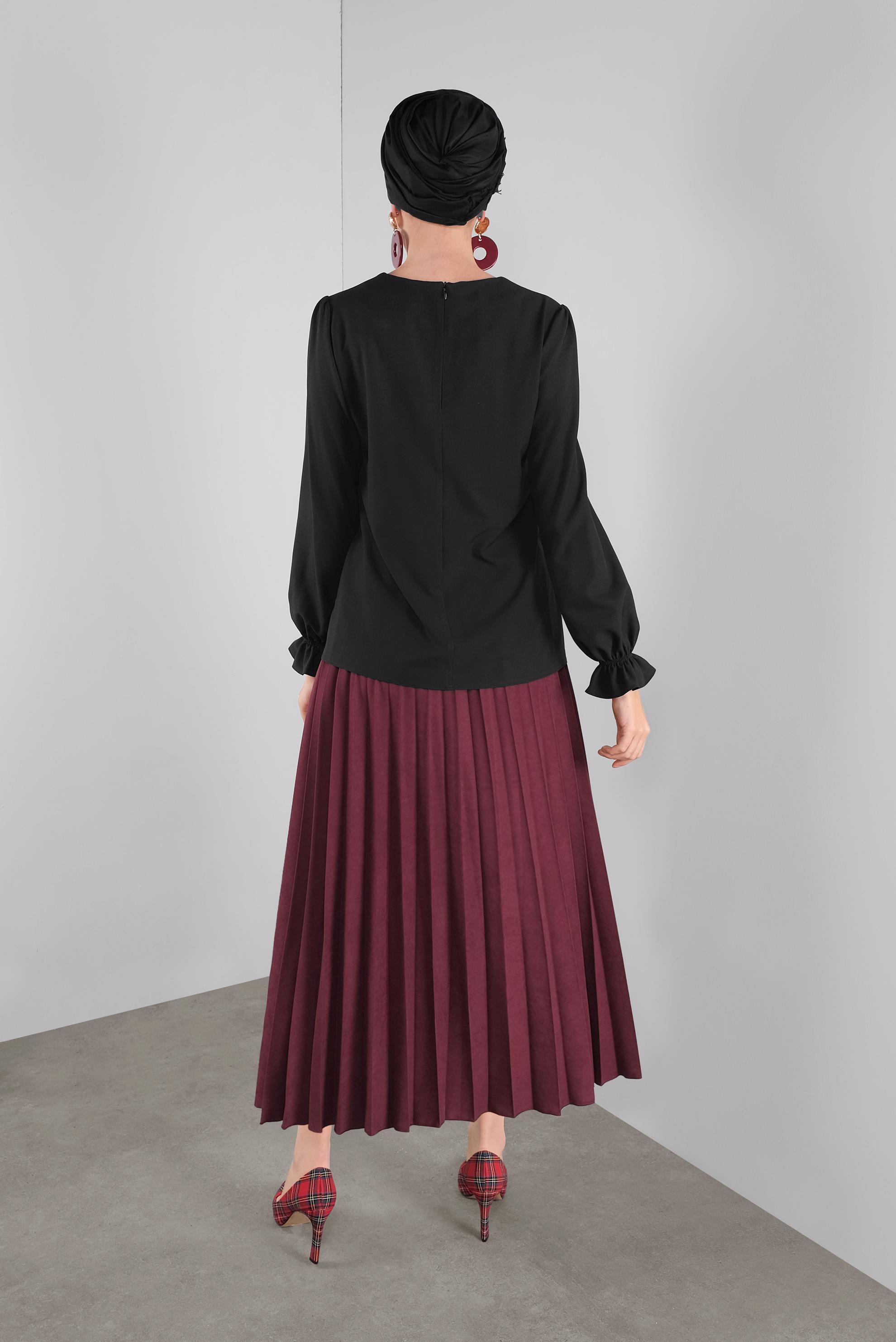 Tesettür giyim SİYAH MANŞETLERİ LASTİKLİ FIRFIRLI BLUZ 41242 