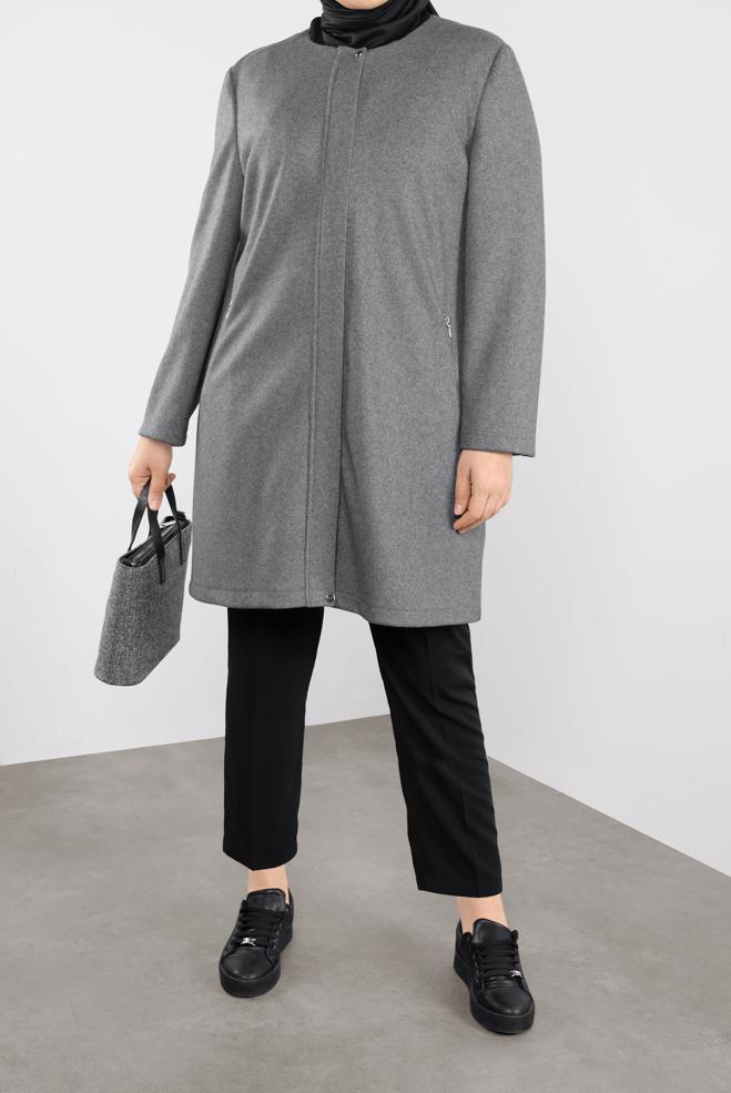 Vêtements hijab GRIS CABAN ZIPPÉE COL ROND 20107 - ALVİNA