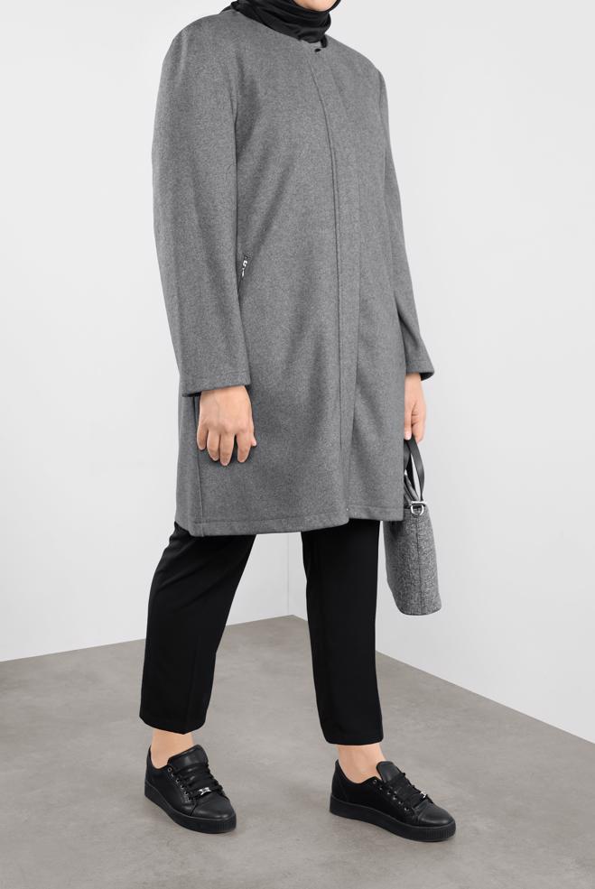 Vêtements hijab GRIS CABAN ZIPPÉE COL ROND 20107 - ALVİNA