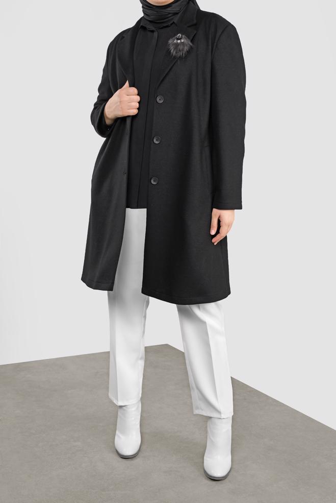 Vêtements hijab NOIR MANTEAU WALKER DÉTAILLÉ BROCHE 20109 - ALVİNA