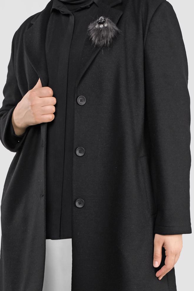 Vêtements hijab NOIR MANTEAU WALKER DÉTAILLÉ BROCHE 20109 - ALVİNA