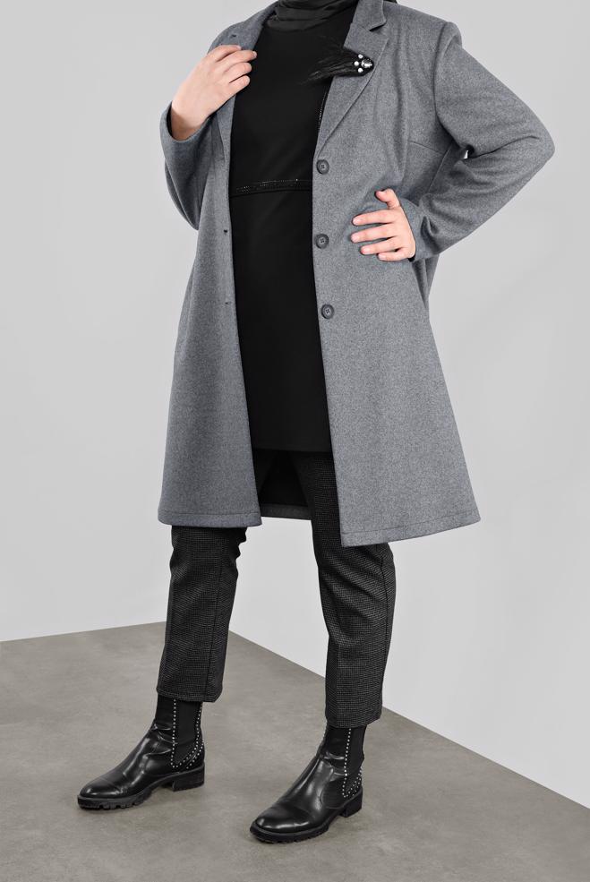 Vêtements hijab GRIS MANTEAU WALKER DÉTAILLÉ BROCHE 20109 - ALVİNA