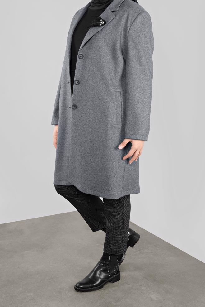 Vêtements hijab GRIS MANTEAU WALKER DÉTAILLÉ BROCHE 20109 - ALVİNA