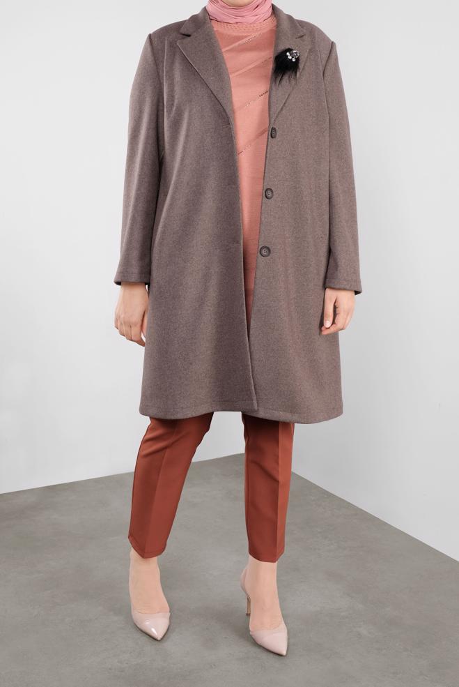 Vêtements hijab BRUN MANTEAU WALKER DÉTAILLÉ BROCHE 20109 - ALVİNA