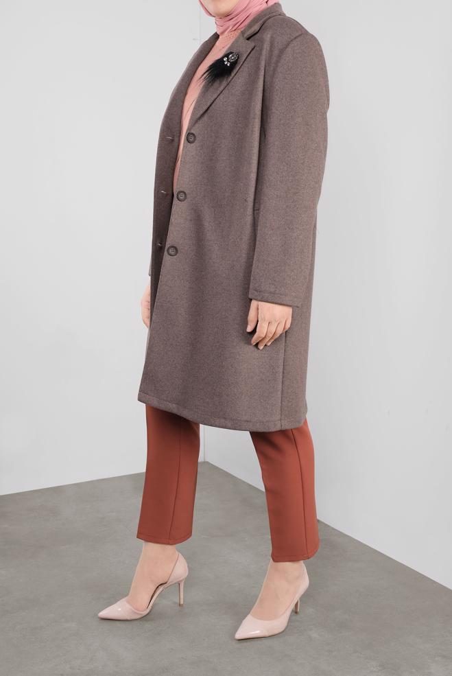 Vêtements hijab BRUN MANTEAU WALKER DÉTAILLÉ BROCHE 20109 - ALVİNA