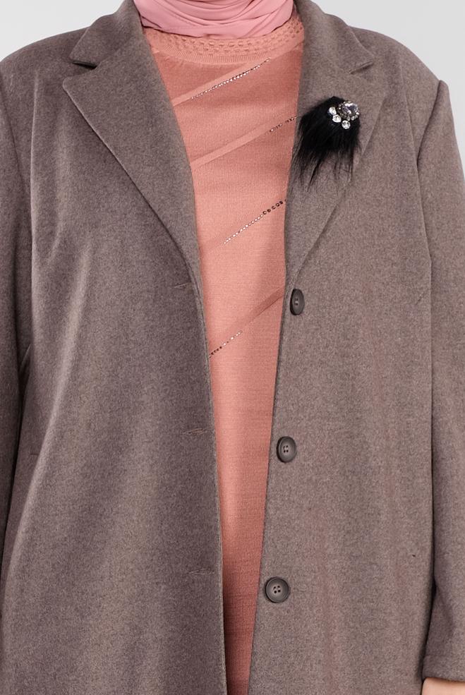 Vêtements hijab BRUN MANTEAU WALKER DÉTAILLÉ BROCHE 20109 - ALVİNA