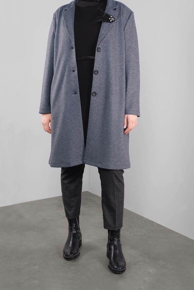 Vêtements hijab GRIS MANTEAU WALKER DÉTAILLÉ BROCHE 20109 - ALVİNA