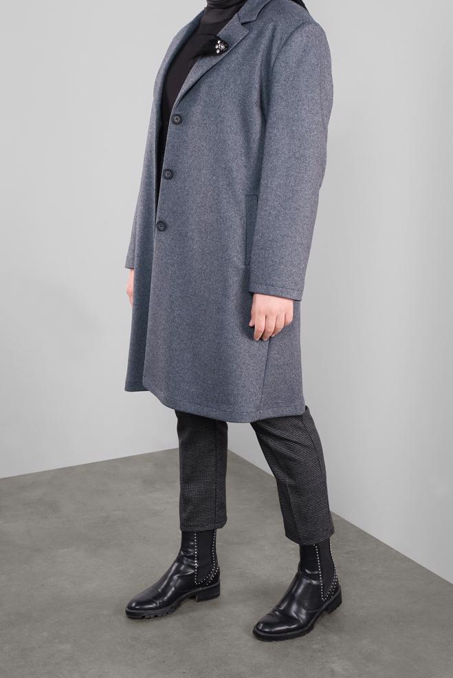 Vêtements hijab GRIS MANTEAU WALKER DÉTAILLÉ BROCHE 20109 - ALVİNA