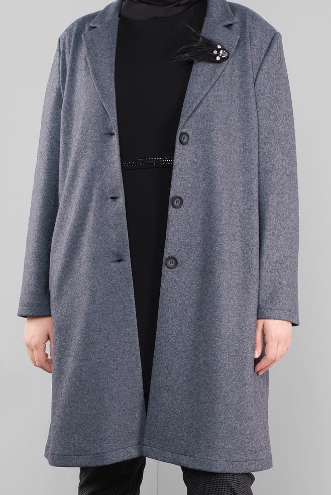 Vêtements hijab GRIS MANTEAU WALKER DÉTAILLÉ BROCHE 20109 - ALVİNA