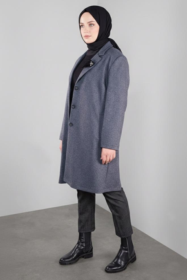 Vêtements hijab GRIS MANTEAU CACHE DÉTAILLÉ BROCHE 20109 - ALVİNA