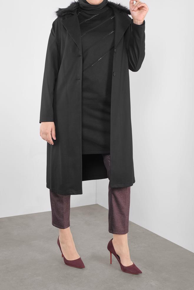 Vêtements hijab NOIR VESTE À CAPUCHE EN EFFET FOURRURE 20110  - ALVİNA