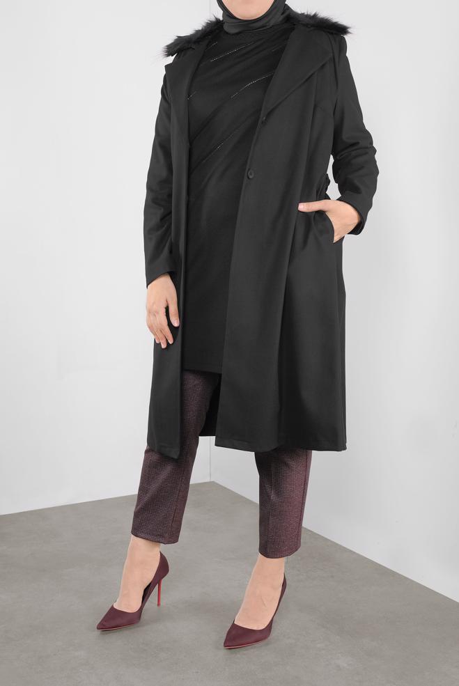 Vêtements hijab NOIR VESTE À CAPUCHE EN EFFET FOURRURE 20110  - ALVİNA