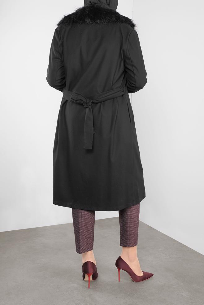 Vêtements hijab NOIR VESTE À CAPUCHE EN EFFET FOURRURE 20110  - ALVİNA