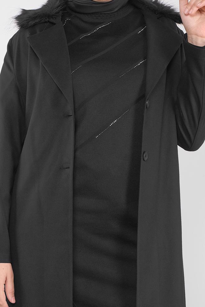 Vêtements hijab NOIR VESTE À CAPUCHE EN EFFET FOURRURE 20110  - ALVİNA