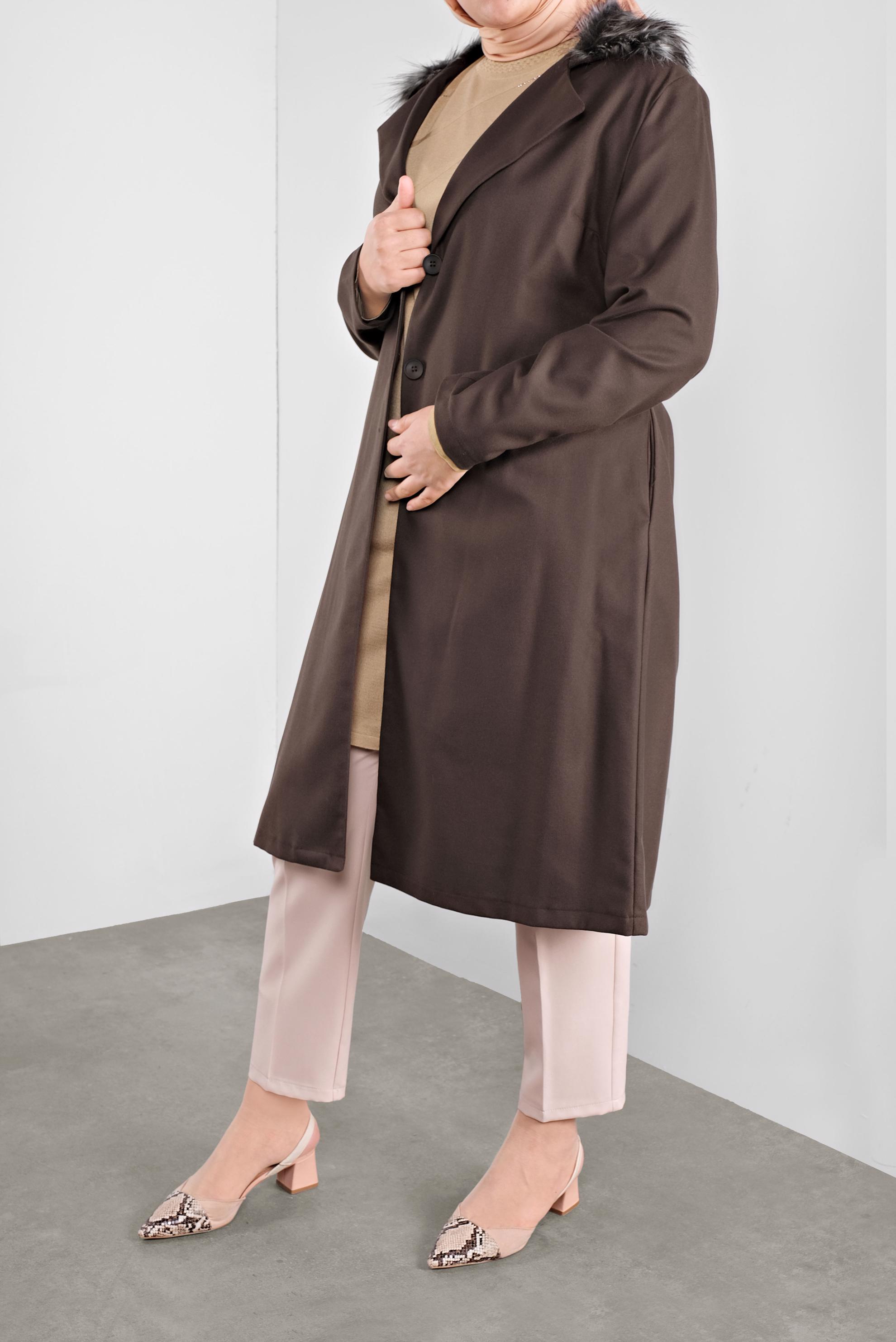 Tesettür giyim KAHVE YAKASI KÜRKLÜ GİY ÇIK 20110 