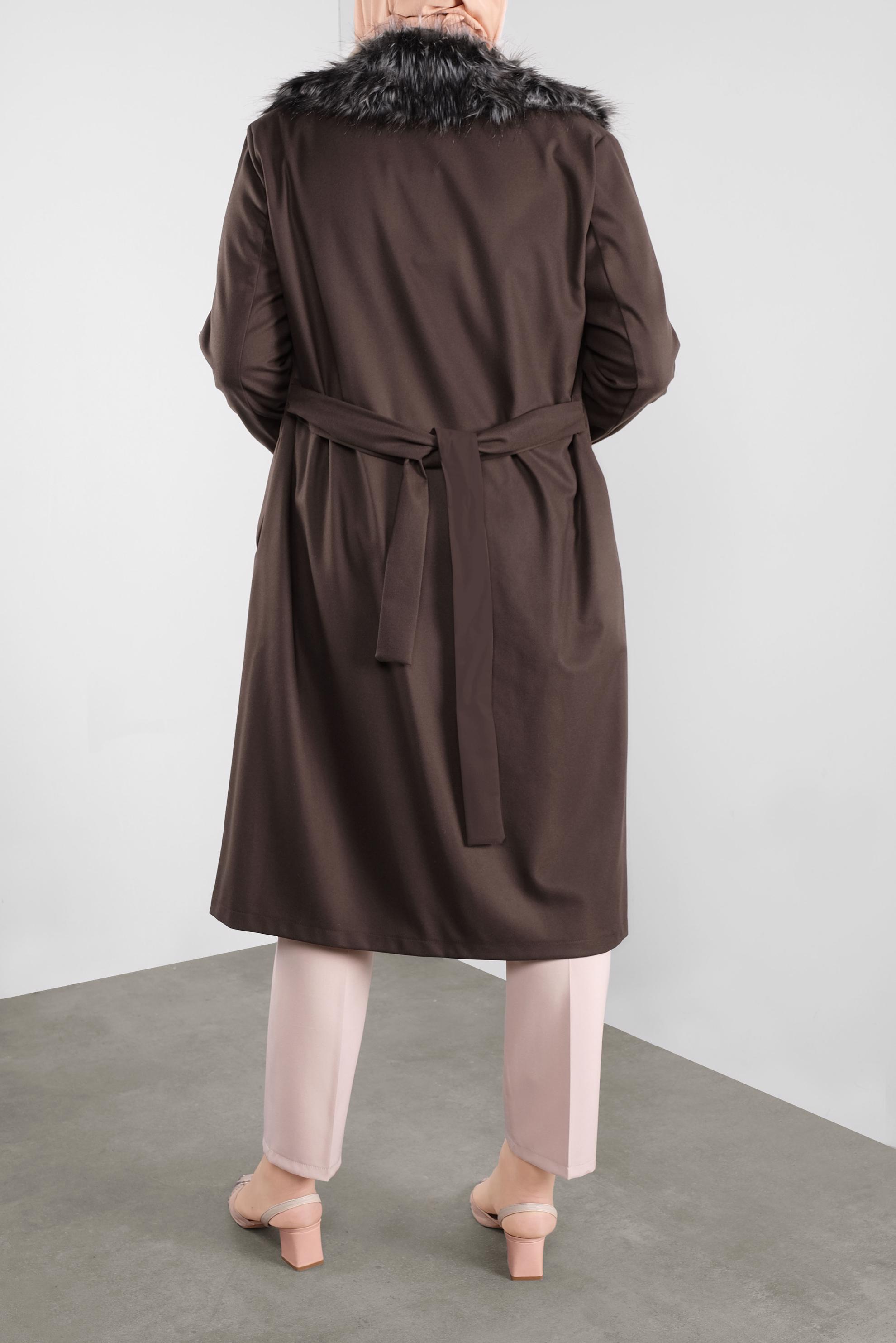 Tesettür giyim KAHVE YAKASI KÜRKLÜ GİY ÇIK 20110 