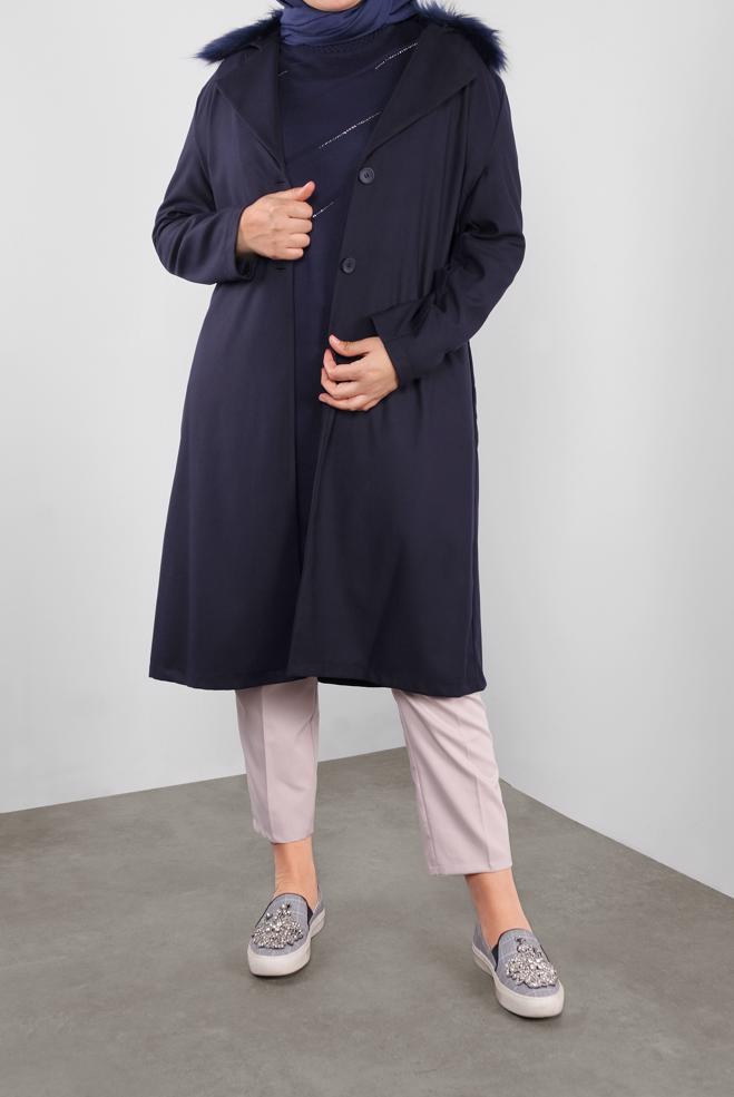 Hijab clothing NAVY BLUE FAUX-FUR-TRIM HOODED JACKET 20110  - ALVİNA