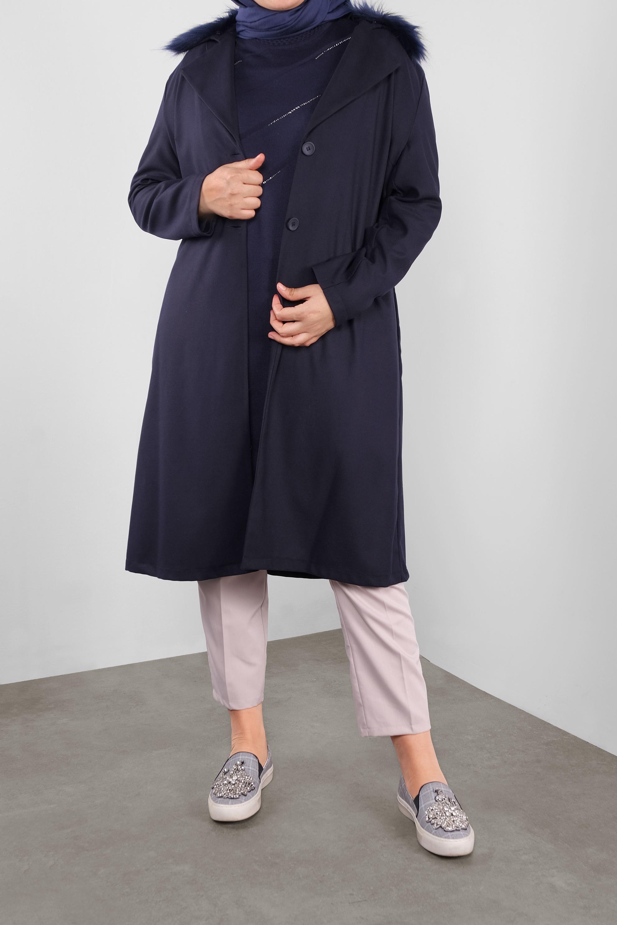 Hijab clothing NAVY BLUE FAUX-FUR-TRIM HOODED JACKET 20110 