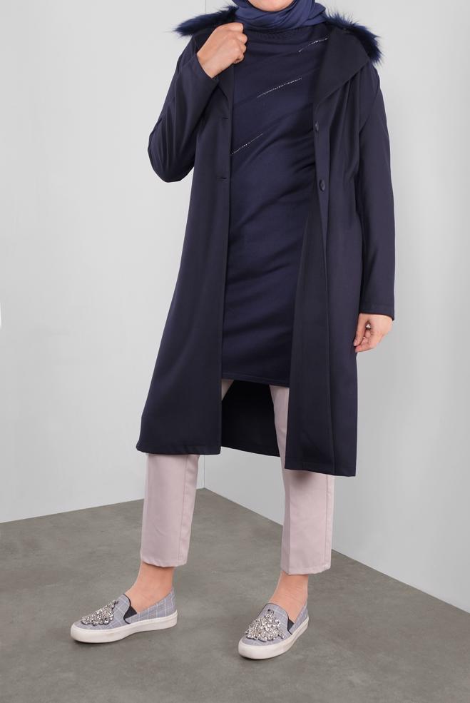 Hijab clothing NAVY BLUE FAUX-FUR-TRIM HOODED JACKET 20110  - ALVİNA