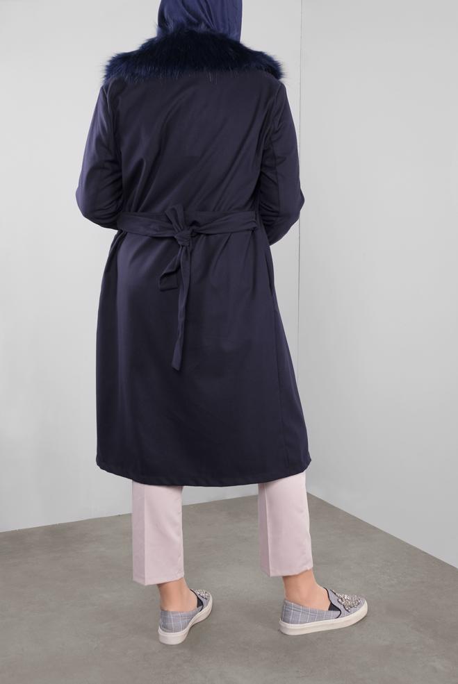 Hijab clothing NAVY BLUE FAUX-FUR-TRIM HOODED JACKET 20110  - ALVİNA