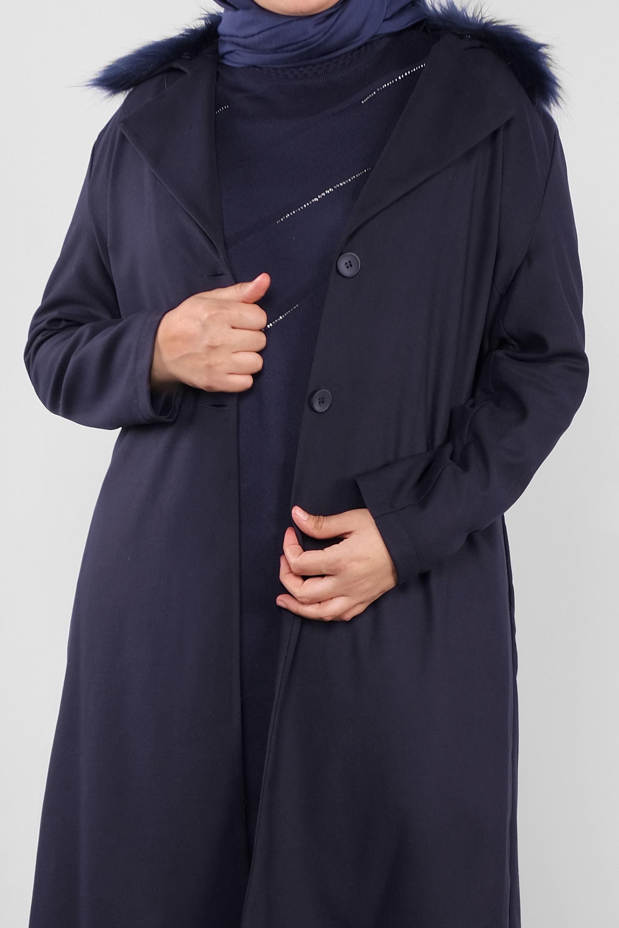 Hijab clothing NAVY BLUE FAUX-FUR-TRIM HOODED JACKET 20110 