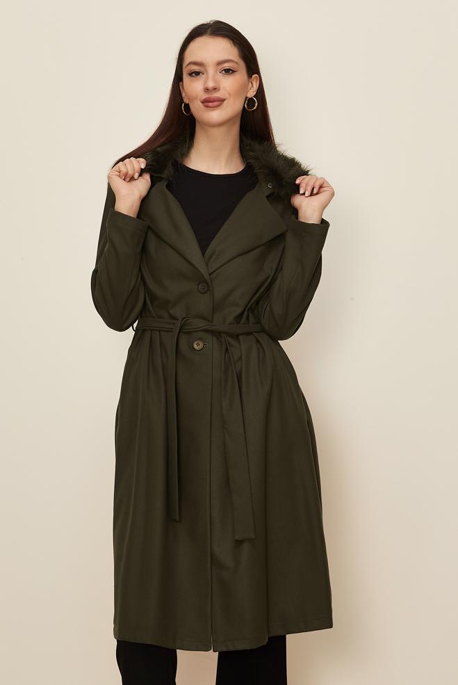 Vêtements hijab KAKI VESTE À CAPUCHE EN EFFET FOURRURE 20110  - ALVİNA