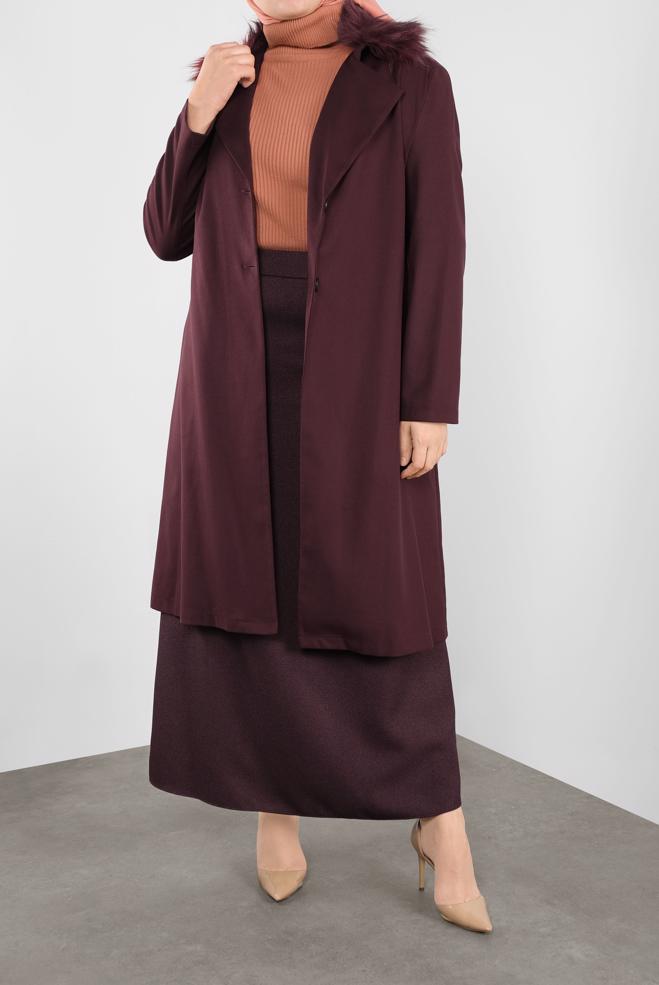 Vêtements hijab ROUGE BORDEAUX VESTE À CAPUCHE EN EFFET FOURRURE 20110  - ALVİNA
