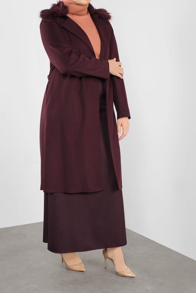 Vêtements hijab ROUGE BORDEAUX VESTE À CAPUCHE EN EFFET FOURRURE 20110  - ALVİNA