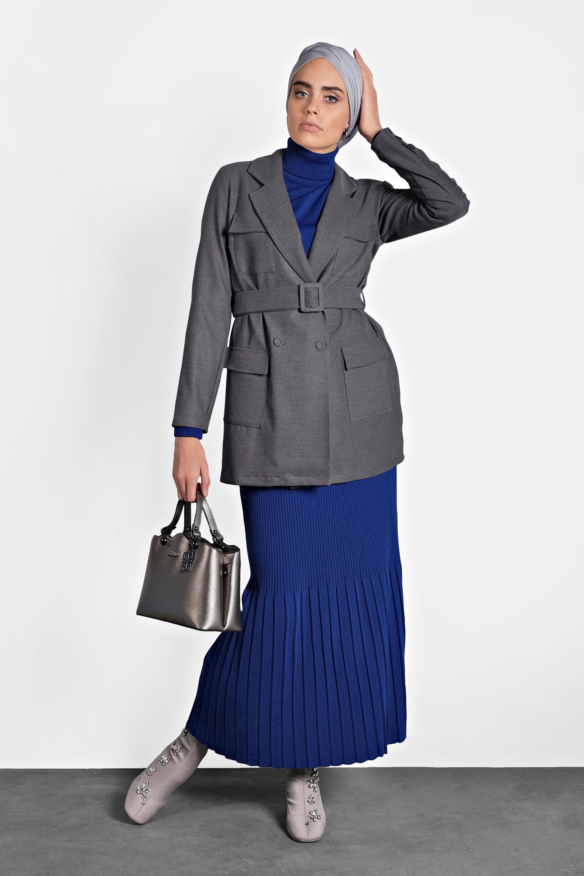 Tesettür giyim GRİ CEPLİ KEMERLİ CEKET 40123 
