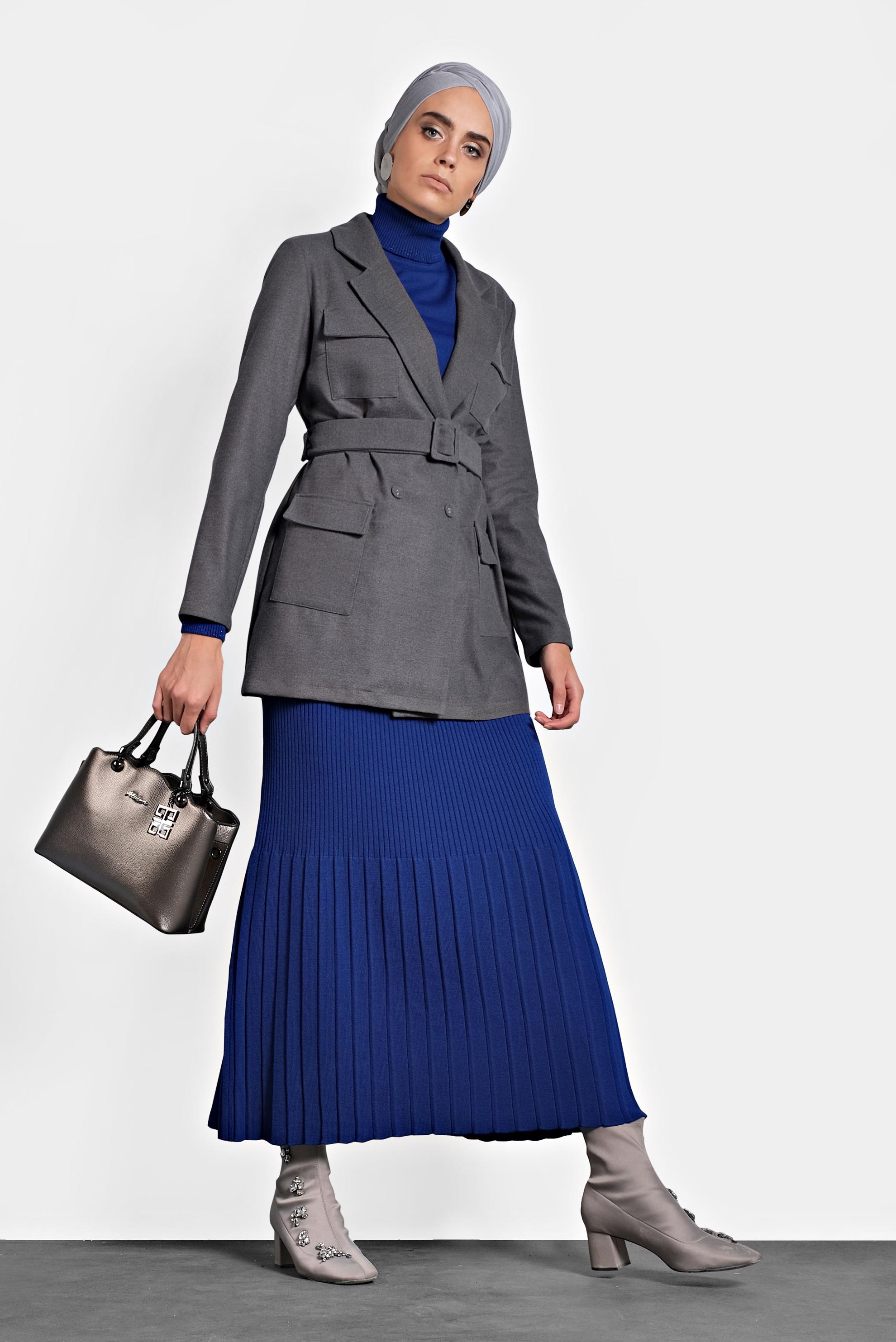 Tesettür giyim GRİ CEPLİ KEMERLİ CEKET 40123 