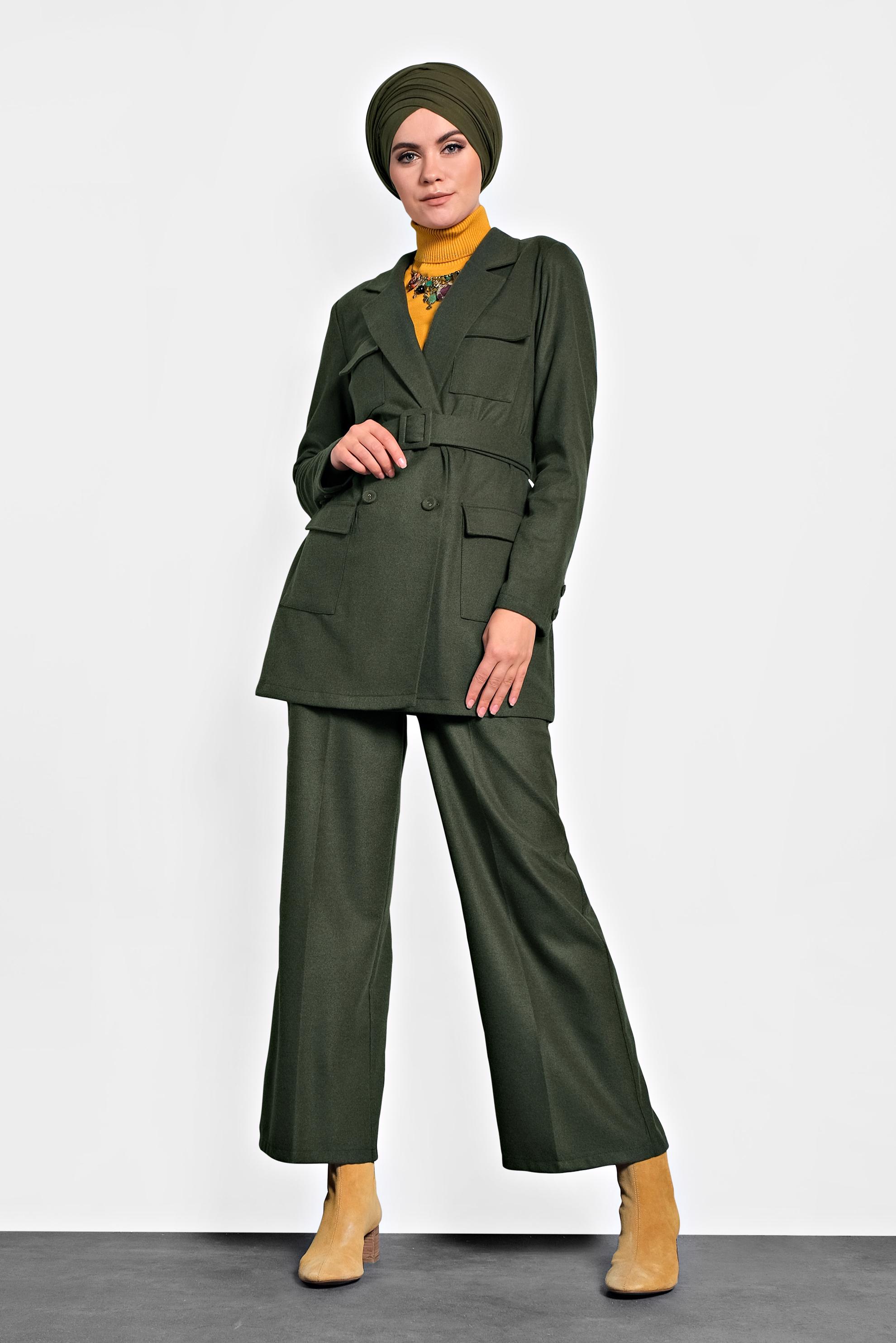 Tesettür giyim HAKİ CEPLİ KEMERLİ CEKET 40123 