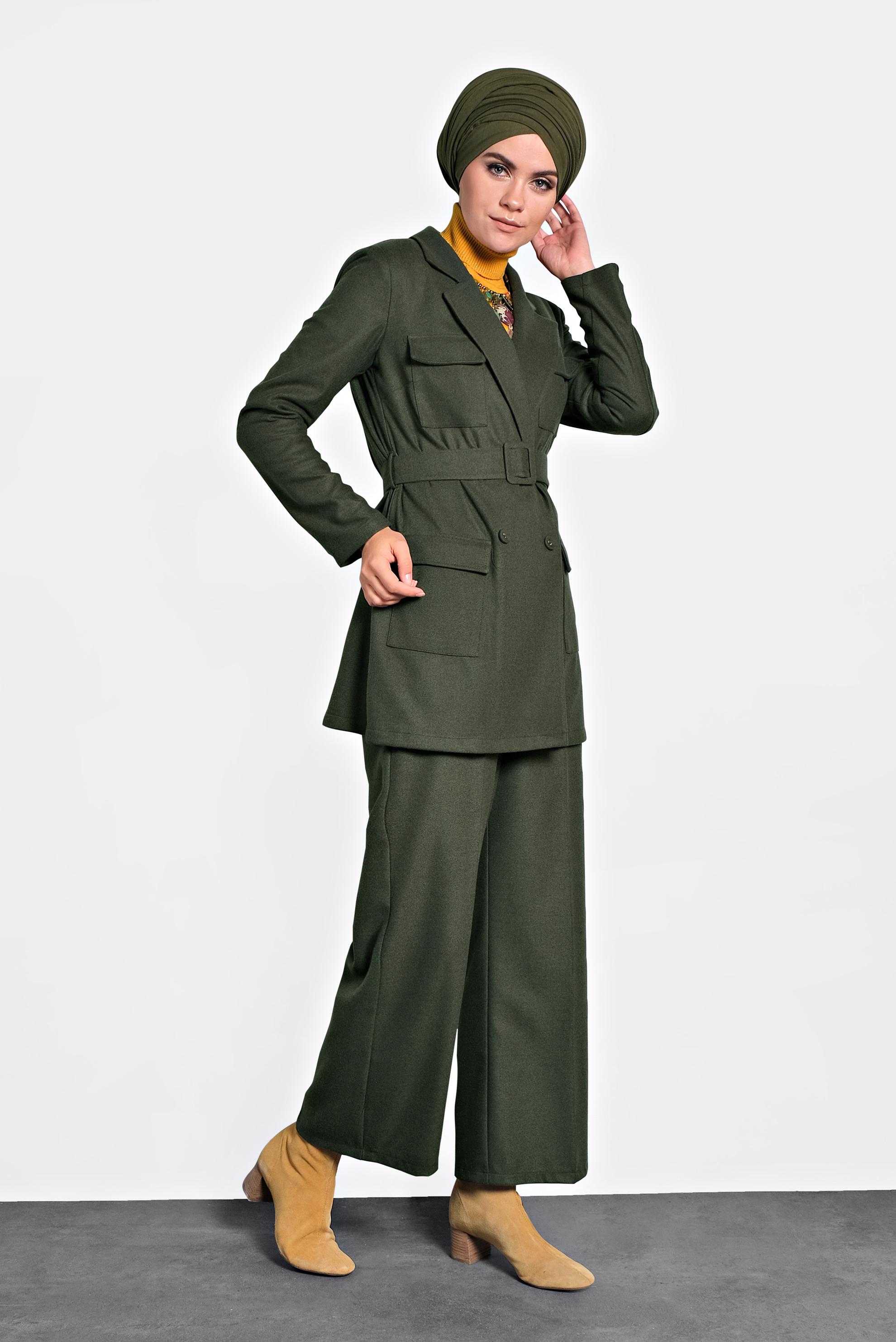 Tesettür giyim HAKİ CEPLİ KEMERLİ CEKET 40123 