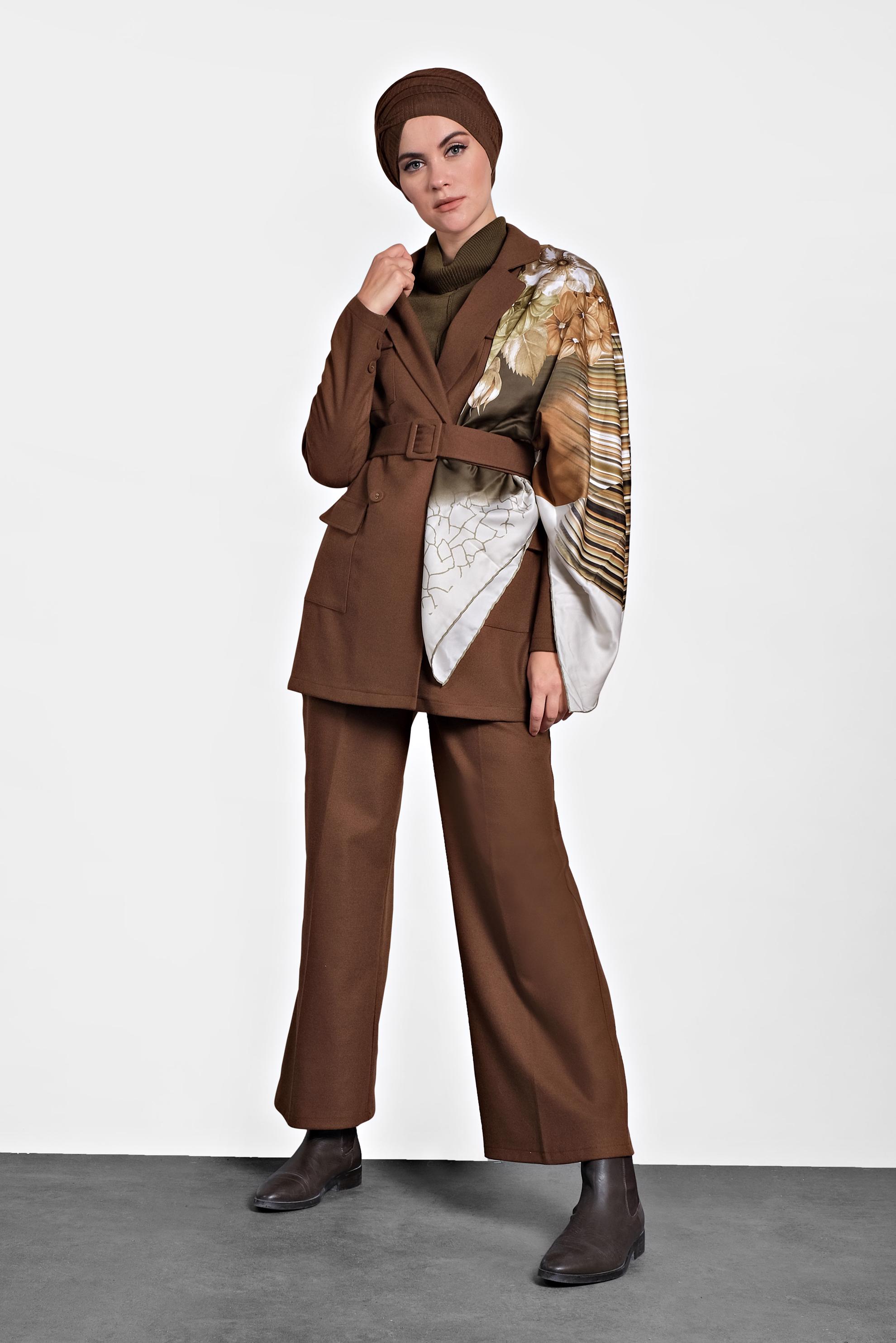 Tesettür giyim KAHVE CEPLİ KEMERLİ CEKET 40123 