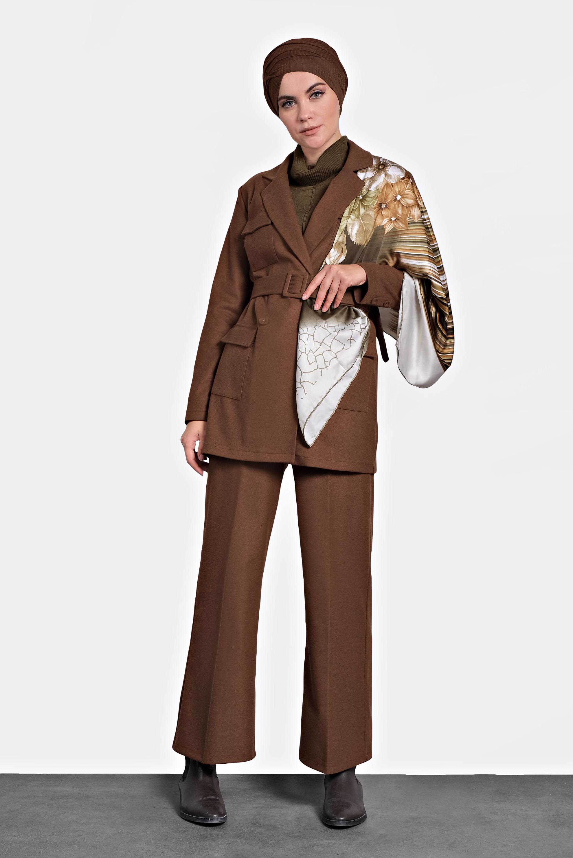 Tesettür giyim KAHVE CEPLİ KEMERLİ CEKET 40123 