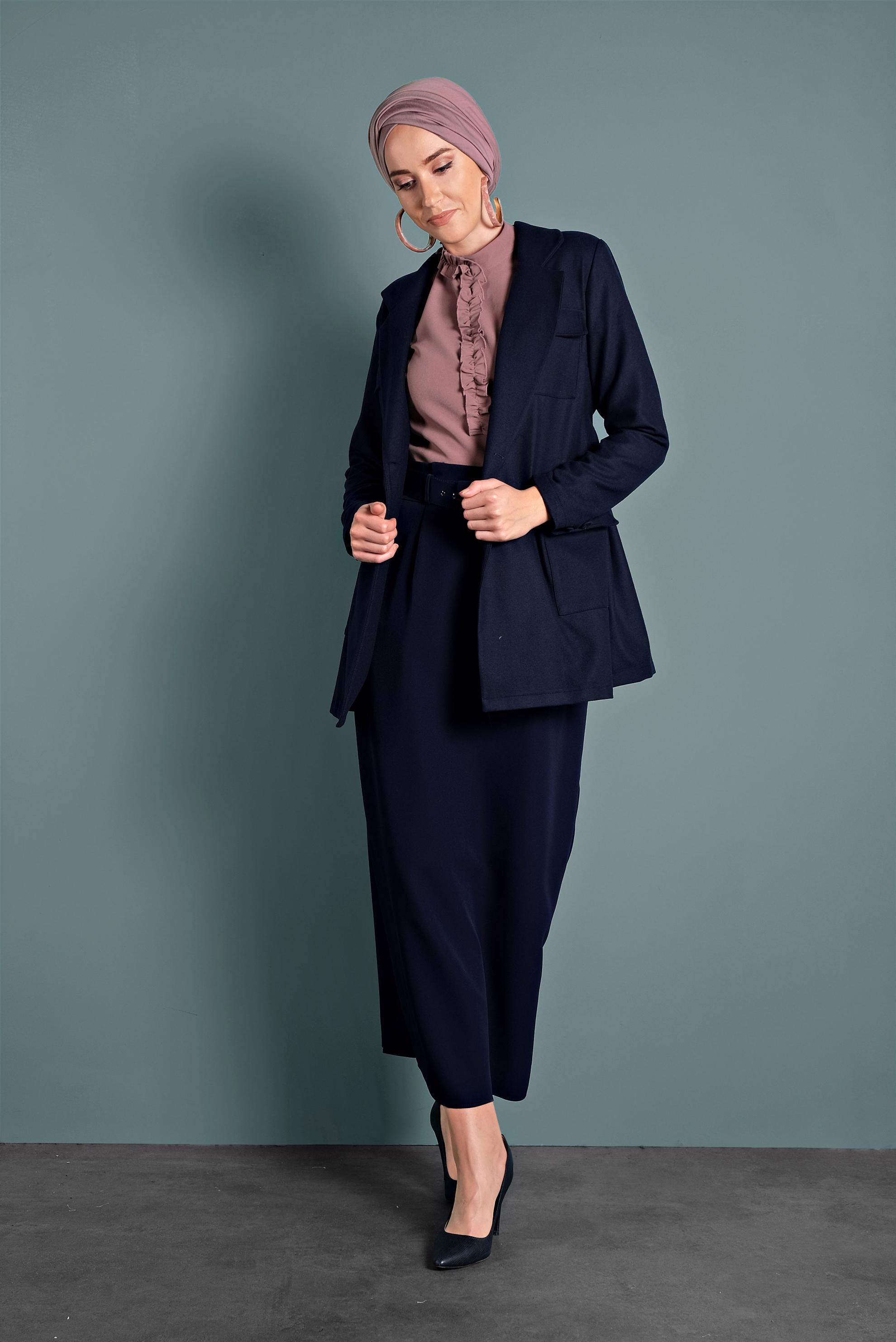 Tesettür giyim LACİVERT CEPLİ KEMERLİ CEKET 40123 