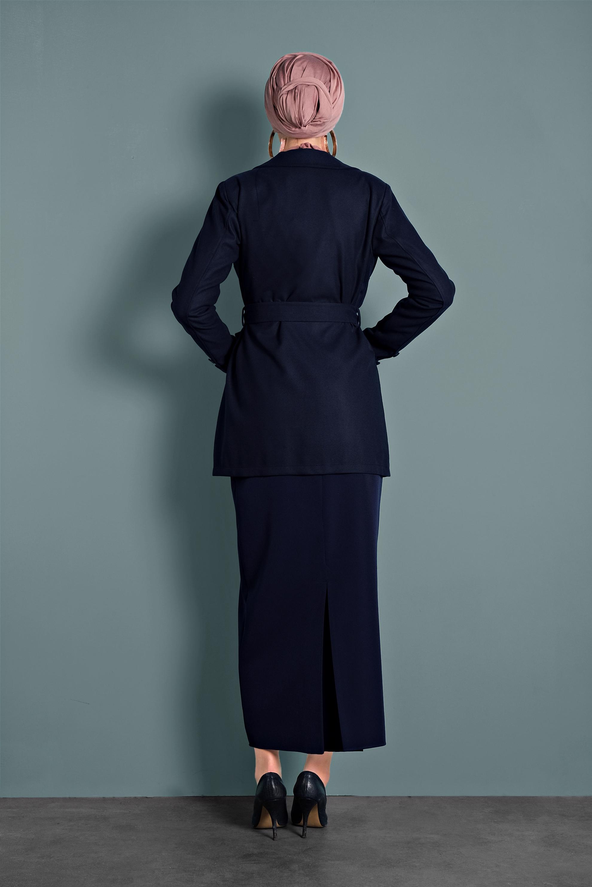 Tesettür giyim LACİVERT CEPLİ KEMERLİ CEKET 40123 