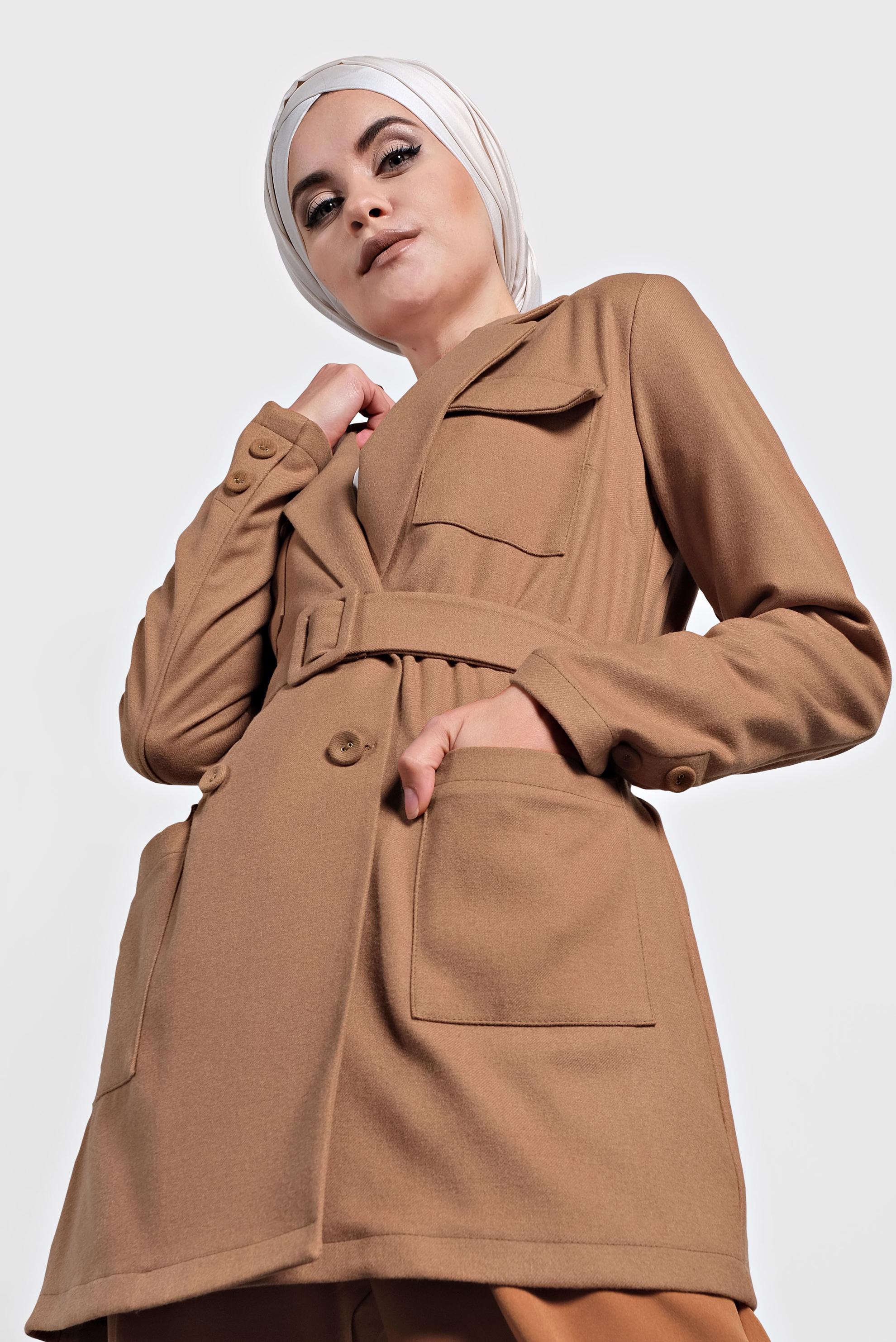 Tesettür giyim PEMBE CEPLİ KEMERLİ CEKET 40123 