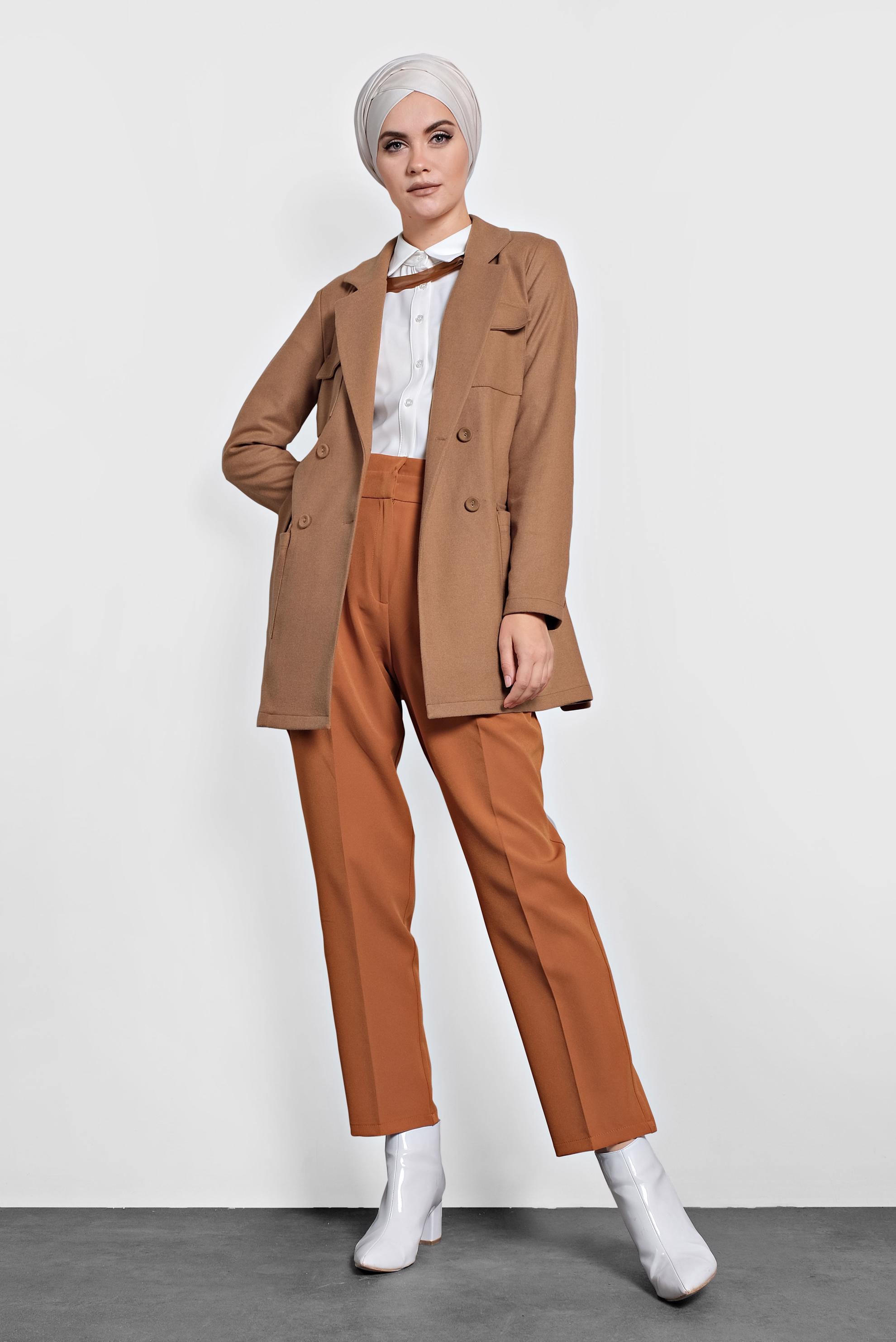 Tesettür giyim PEMBE CEPLİ KEMERLİ CEKET 40123 