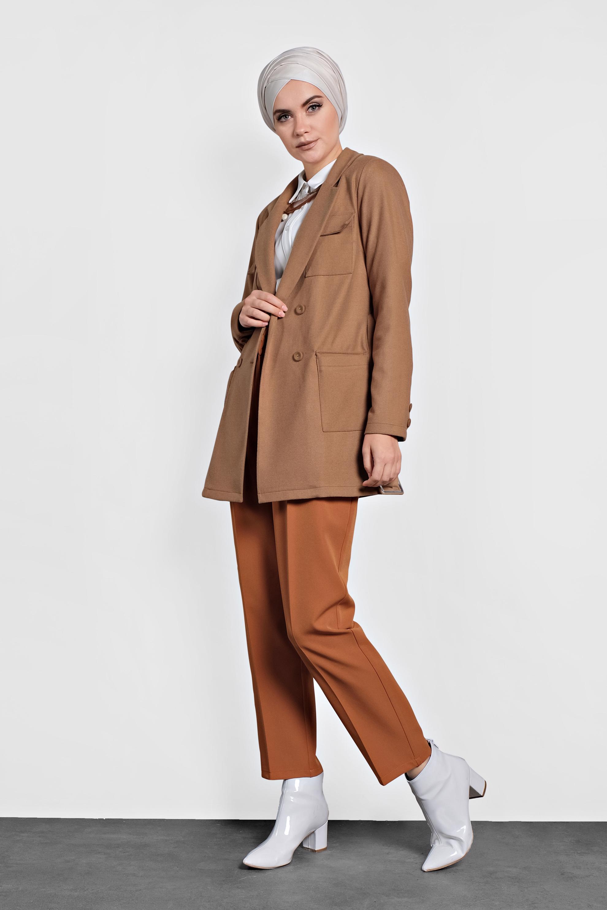 Tesettür giyim PEMBE CEPLİ KEMERLİ CEKET 40123 