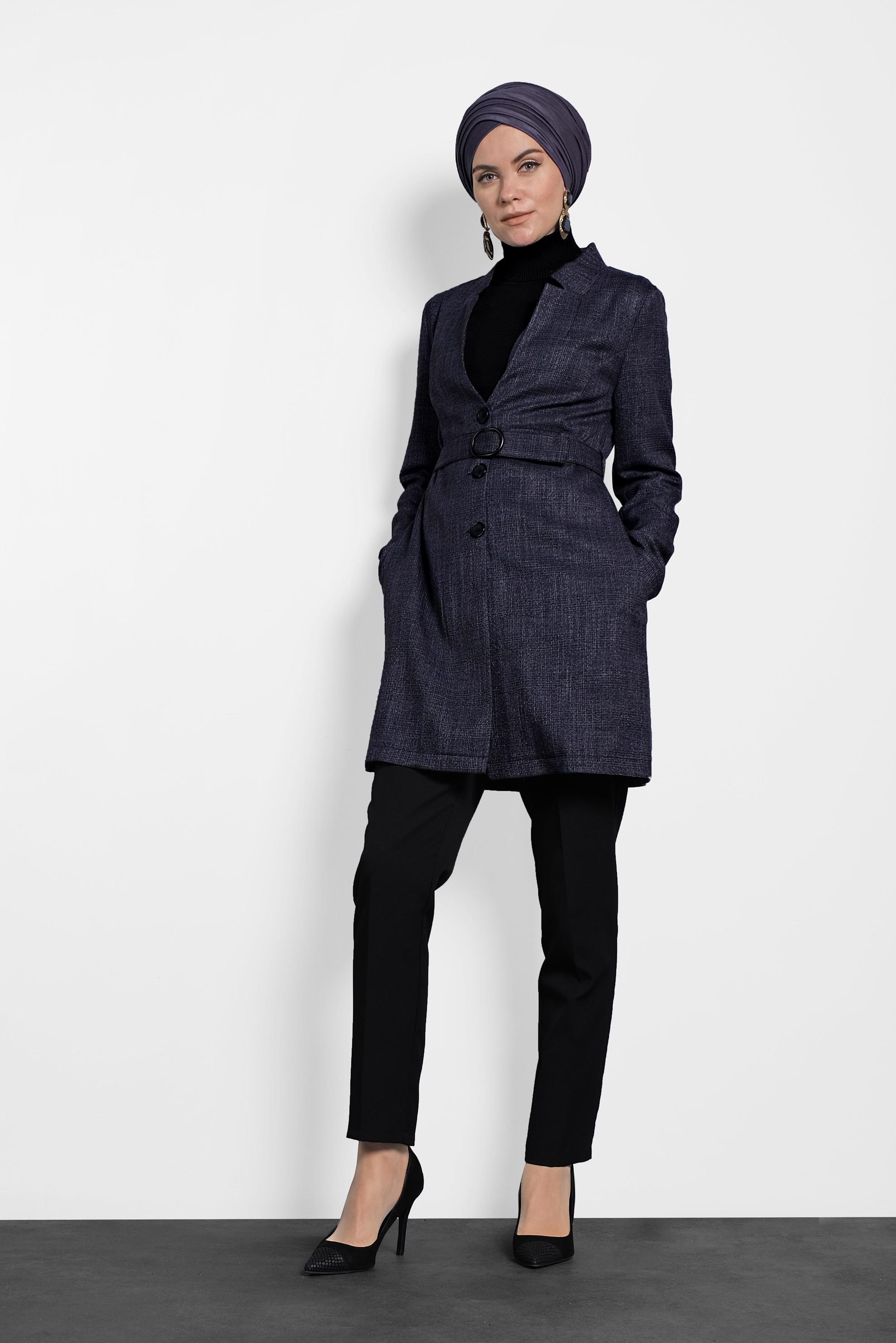 Tesettür giyim SİYAH KEMERLİ EKOSE CEKET 40222 